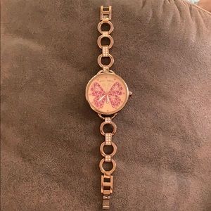 Betsey Johnson pink butterfly and rose gold watch